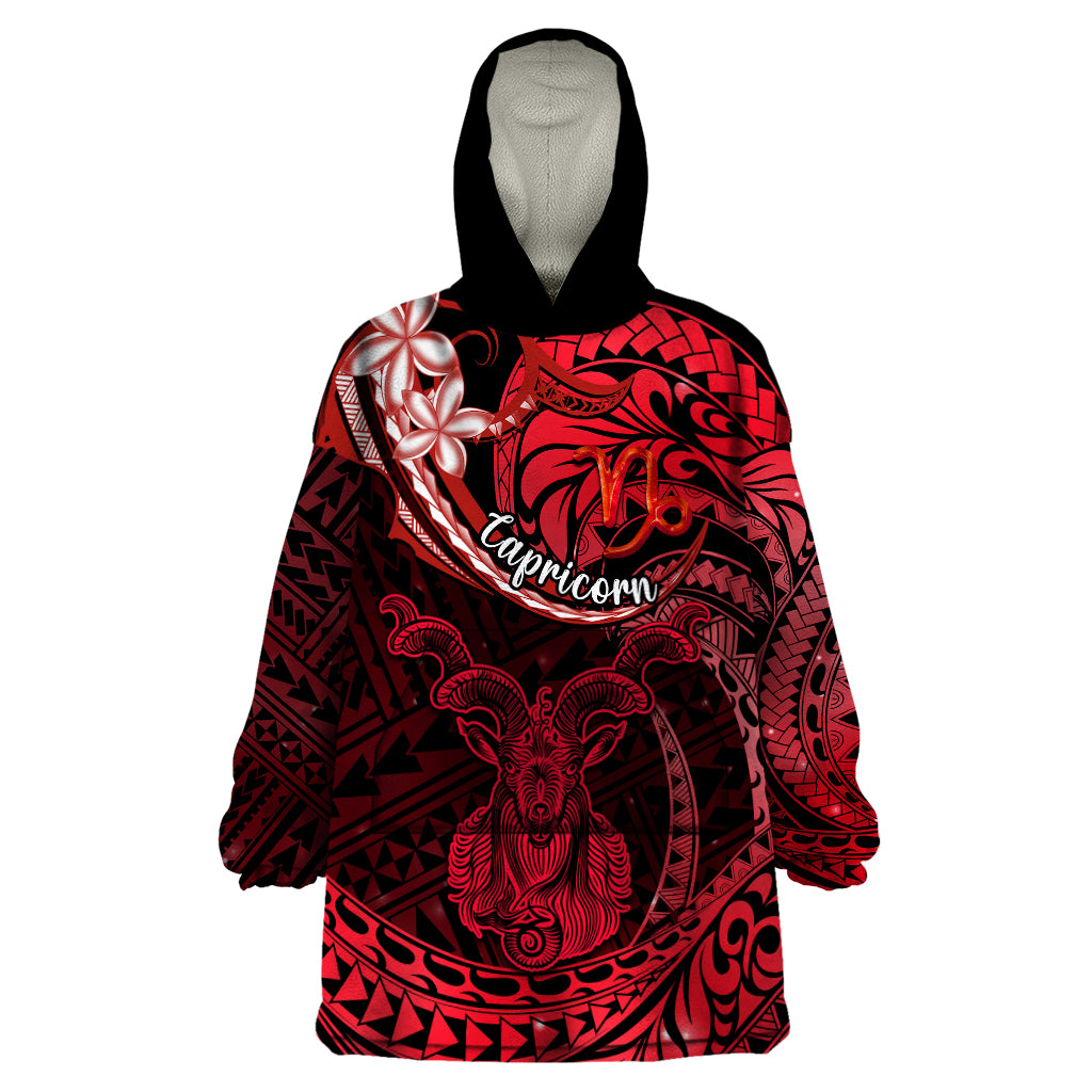 Polynesian Pride Capricorn Zodiac Wearable Blanket Hoodie Astrological Sign Tribal Plumeria Red Galaxy LT14 One Size Red - Polynesian Pride