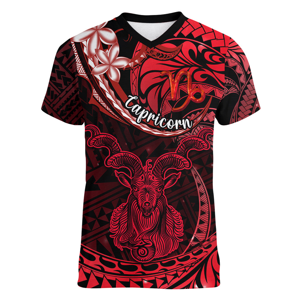 Polynesian Pride Capricorn Zodiac Women V Neck T Shirt Astrological Sign Tribal Plumeria Red Galaxy LT14 Female Red - Polynesian Pride