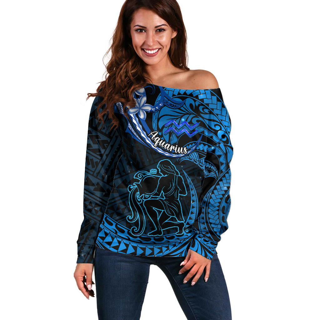 Polynesian Pride Aquarius Zodiac Off Shoulder Sweater Astrological Sign Tribal Plumeria Blue Galaxy LT14 Women Blue - Polynesian Pride