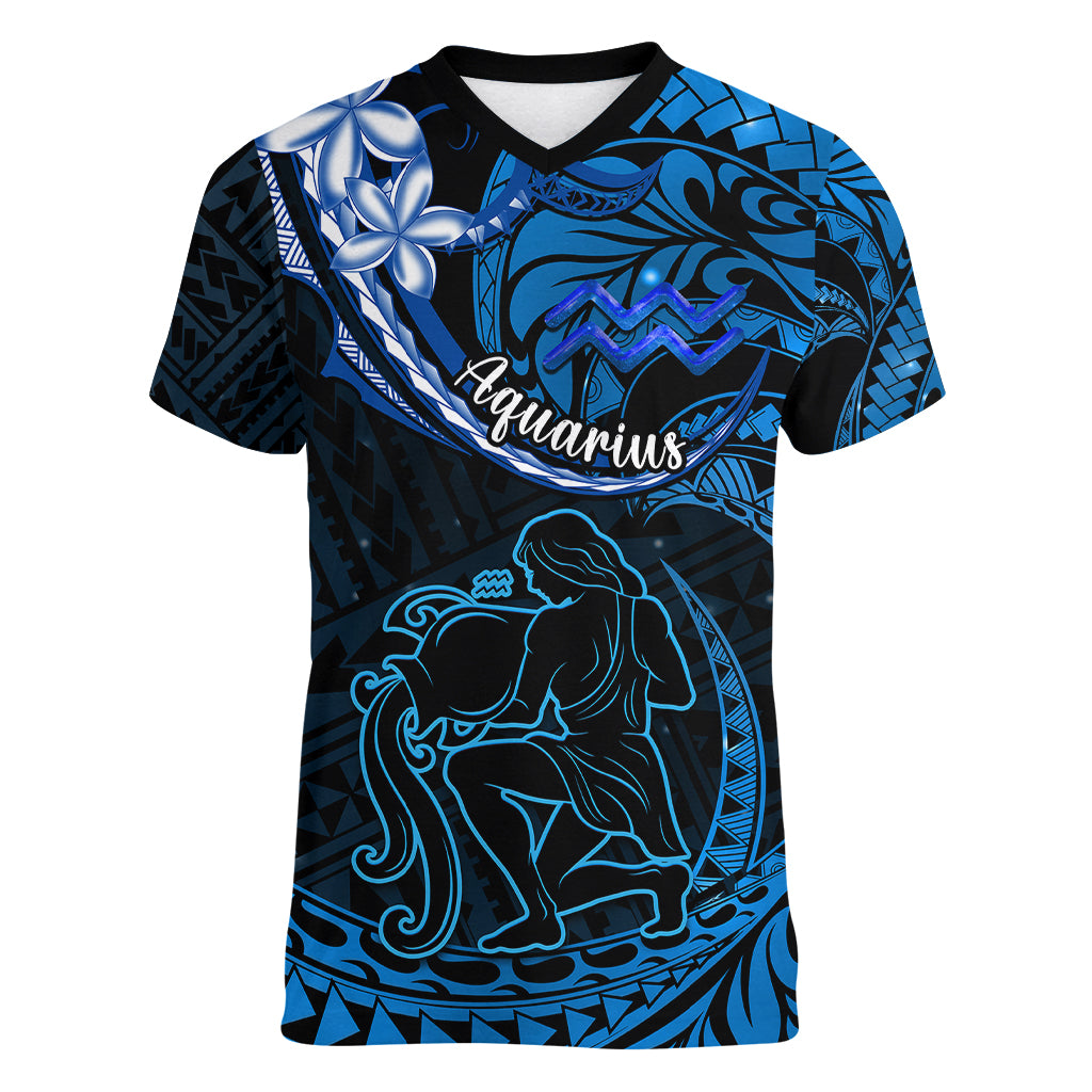 Polynesian Pride Aquarius Zodiac Women V Neck T Shirt Astrological Sign Tribal Plumeria Blue Galaxy LT14 Female Blue - Polynesian Pride
