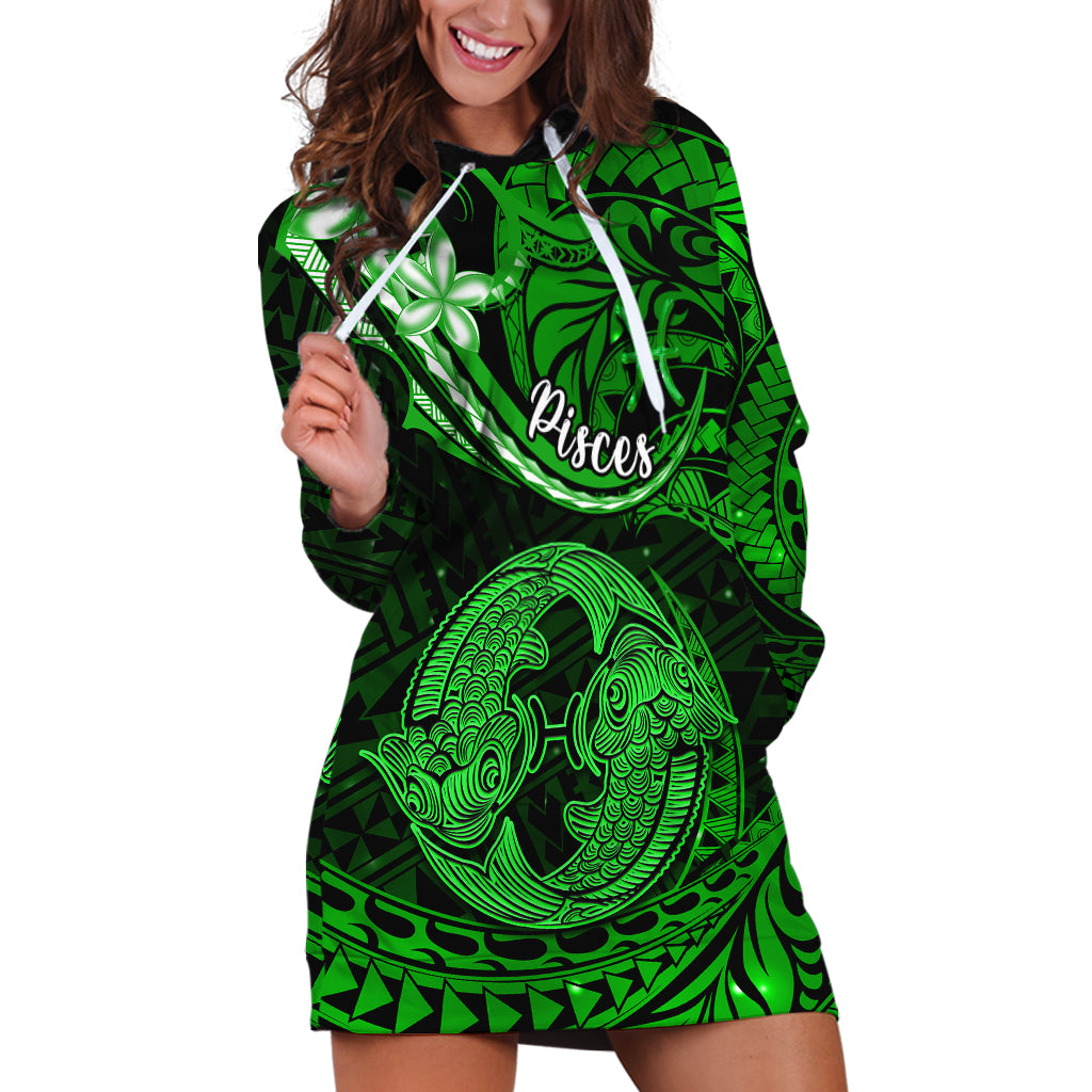 Polynesian Pride Pisces Zodiac Hoodie Dress Astrological Sign Tribal Plumeria Green Galaxy LT14 Green - Polynesian Pride