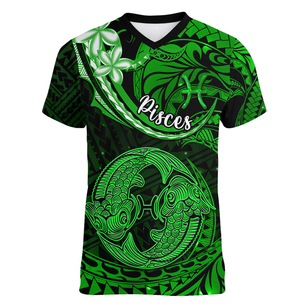 Polynesian Pride Pisces Zodiac Women V Neck T Shirt Astrological Sign Tribal Plumeria Green Galaxy LT14 Female Green - Polynesian Pride