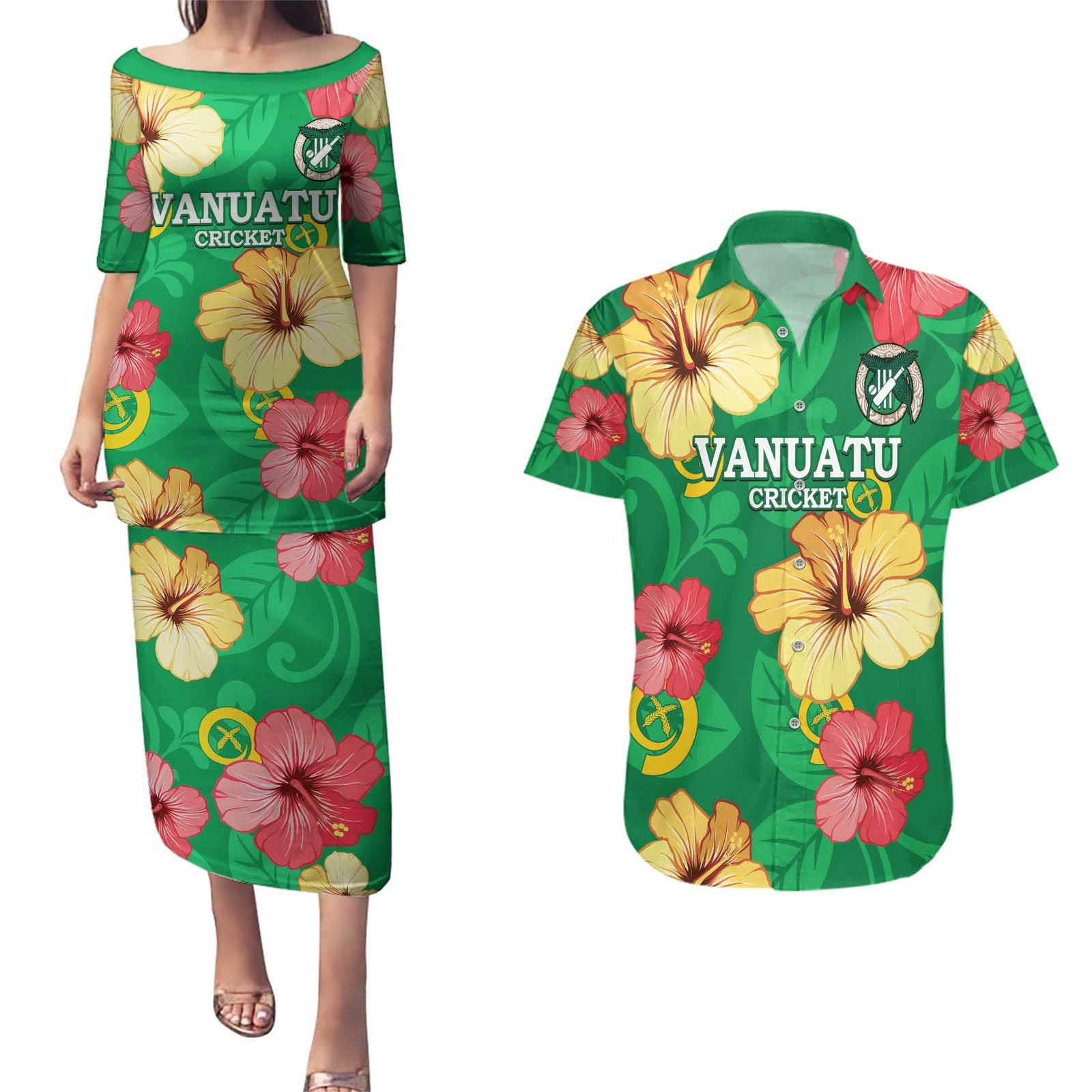 Custom Vanuatu Cricket Couples Matching Puletasi and Hawaiian Shirt 2024 Tropical Flowers Version