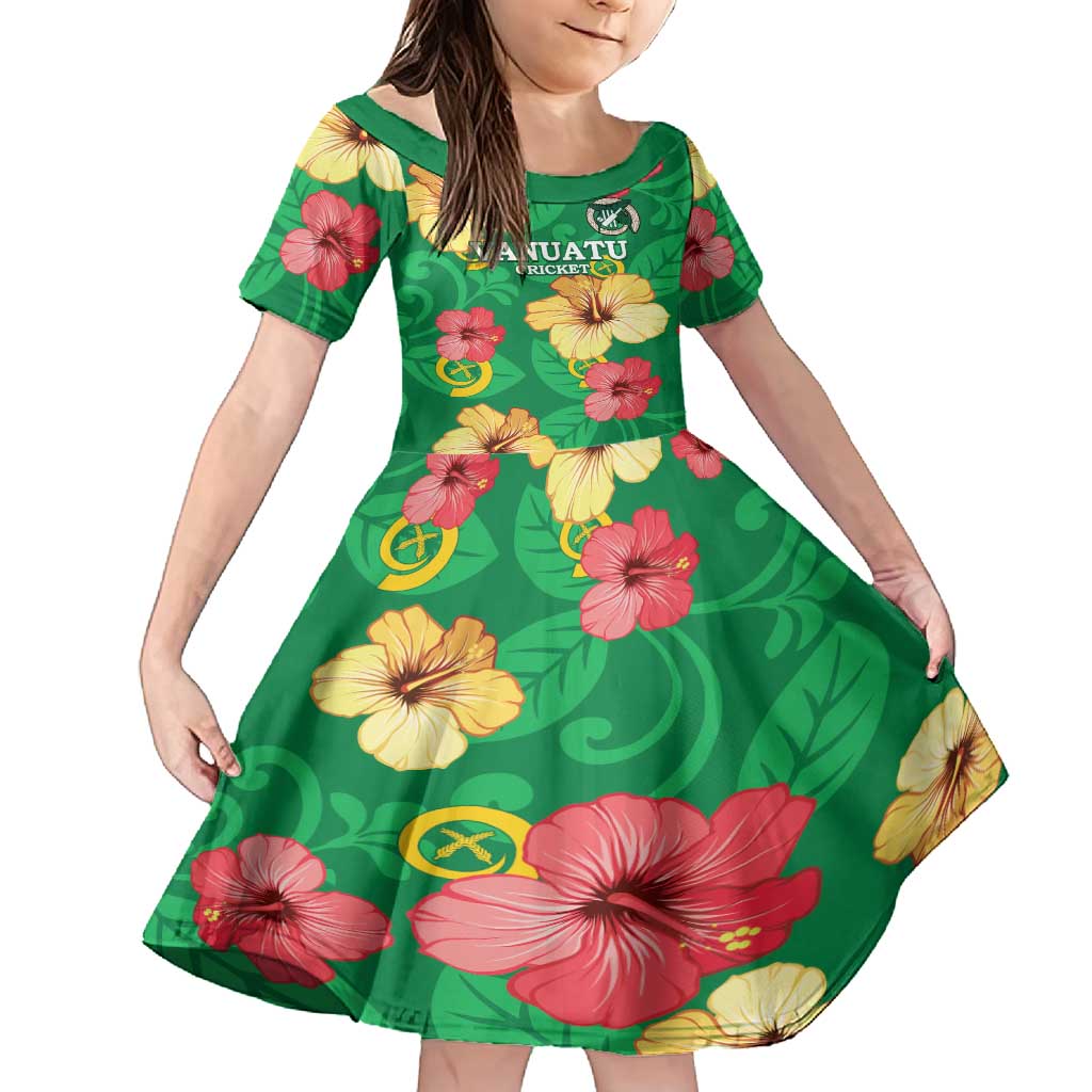 Custom Vanuatu Cricket Family Matching Long Sleeve Bodycon Dress and Hawaiian Shirt 2024 Tropical Flowers Version LT14 Daughter's Dress Green - Polynesian Pride