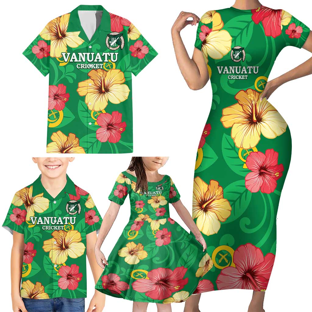 Custom Vanuatu Cricket Family Matching Short Sleeve Bodycon Dress and Hawaiian Shirt 2024 Tropical Flowers Version LT14 - Polynesian Pride