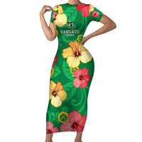 Custom Vanuatu Cricket Family Matching Short Sleeve Bodycon Dress and Hawaiian Shirt 2024 Tropical Flowers Version LT14 Mom's Dress Green - Polynesian Pride