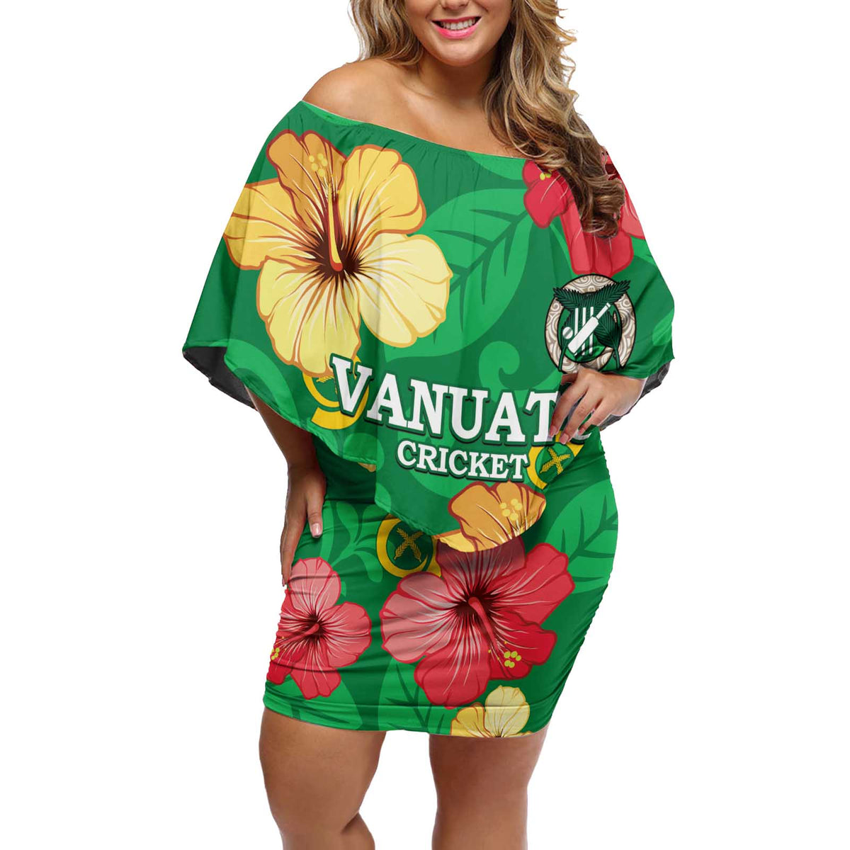 Custom Vanuatu Cricket Off Shoulder Short Dress 2024 Tropical Flowers Version