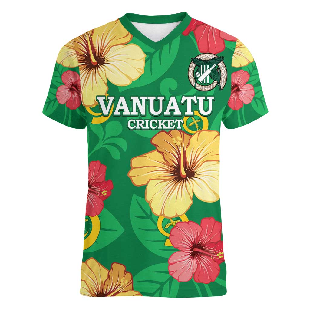 Custom Vanuatu Cricket Women V-Neck T-Shirt 2024 Tropical Flowers Version