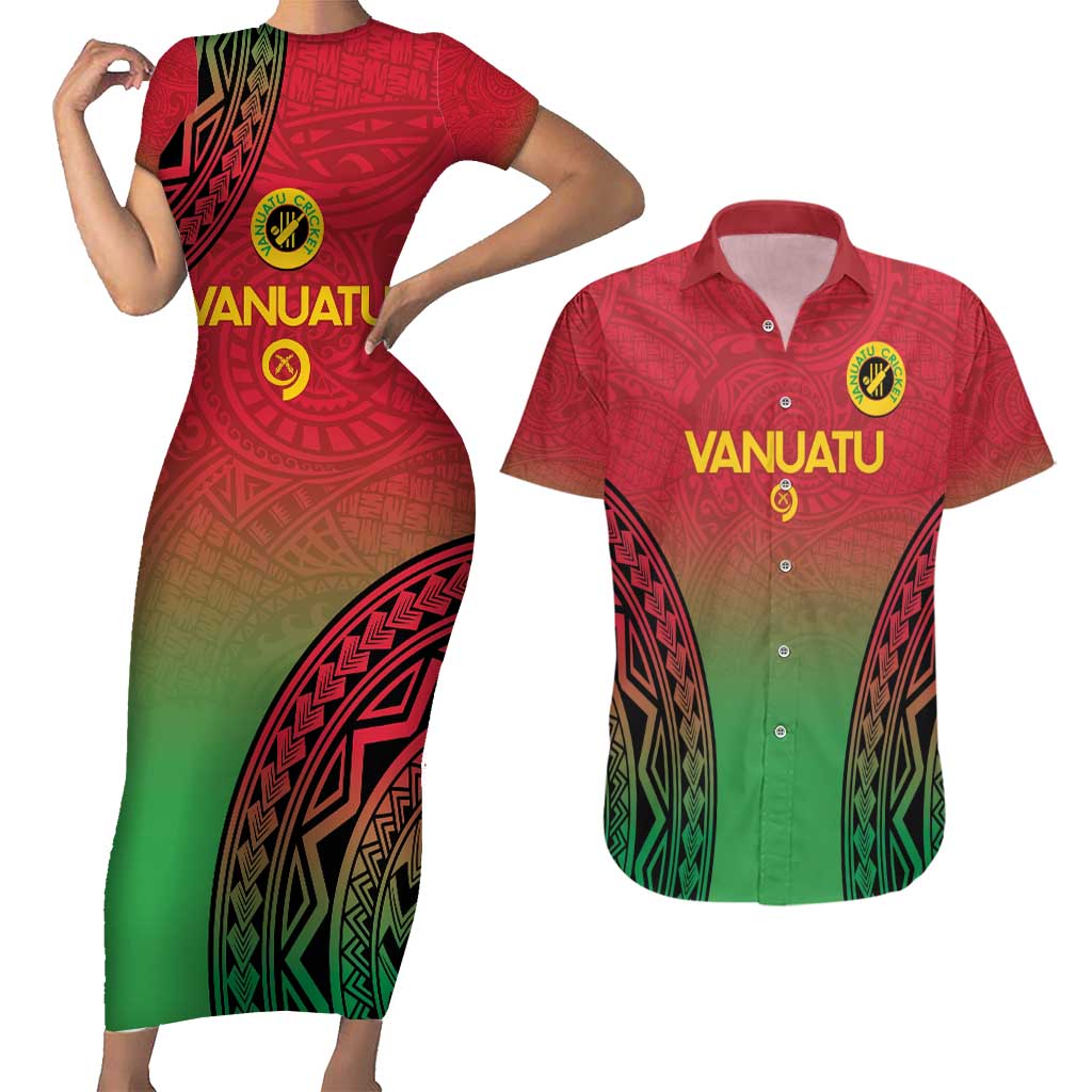 Custom Vanuatu Cricket Couples Matching Short Sleeve Bodycon Dress and Hawaiian Shirt 2024 Polynesian Pattern Sporty Style