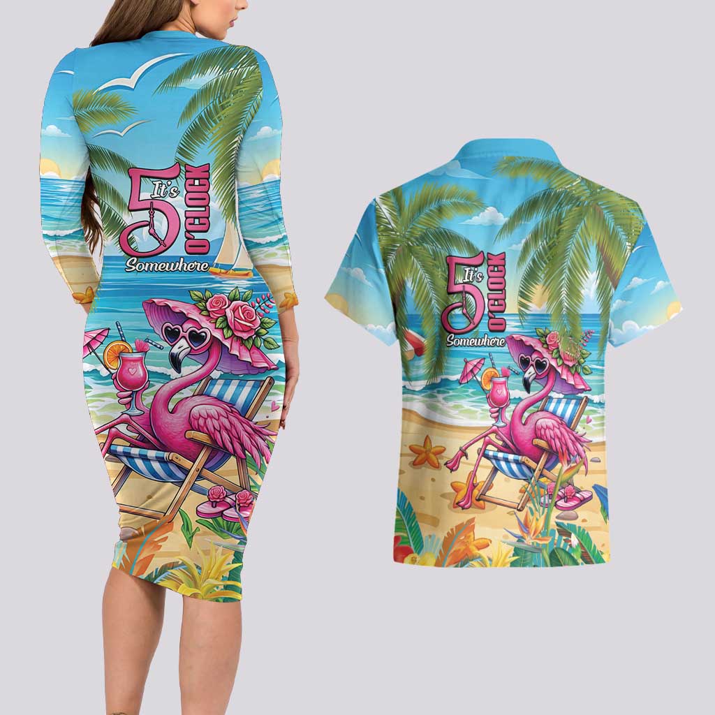 Flamingo Aloha Hawaii Couples Matching Long Sleeve Bodycon Dress and Hawaiian Shirt It's 5 O’Clock Somewhere Tropical Vibes - Polynesian Pride