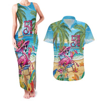 Flamingo Aloha Hawaii Couples Matching Tank Maxi Dress and Hawaiian Shirt It's 5 OClock Somewhere Tropical Vibes LT14 Blue - Polynesian Pride