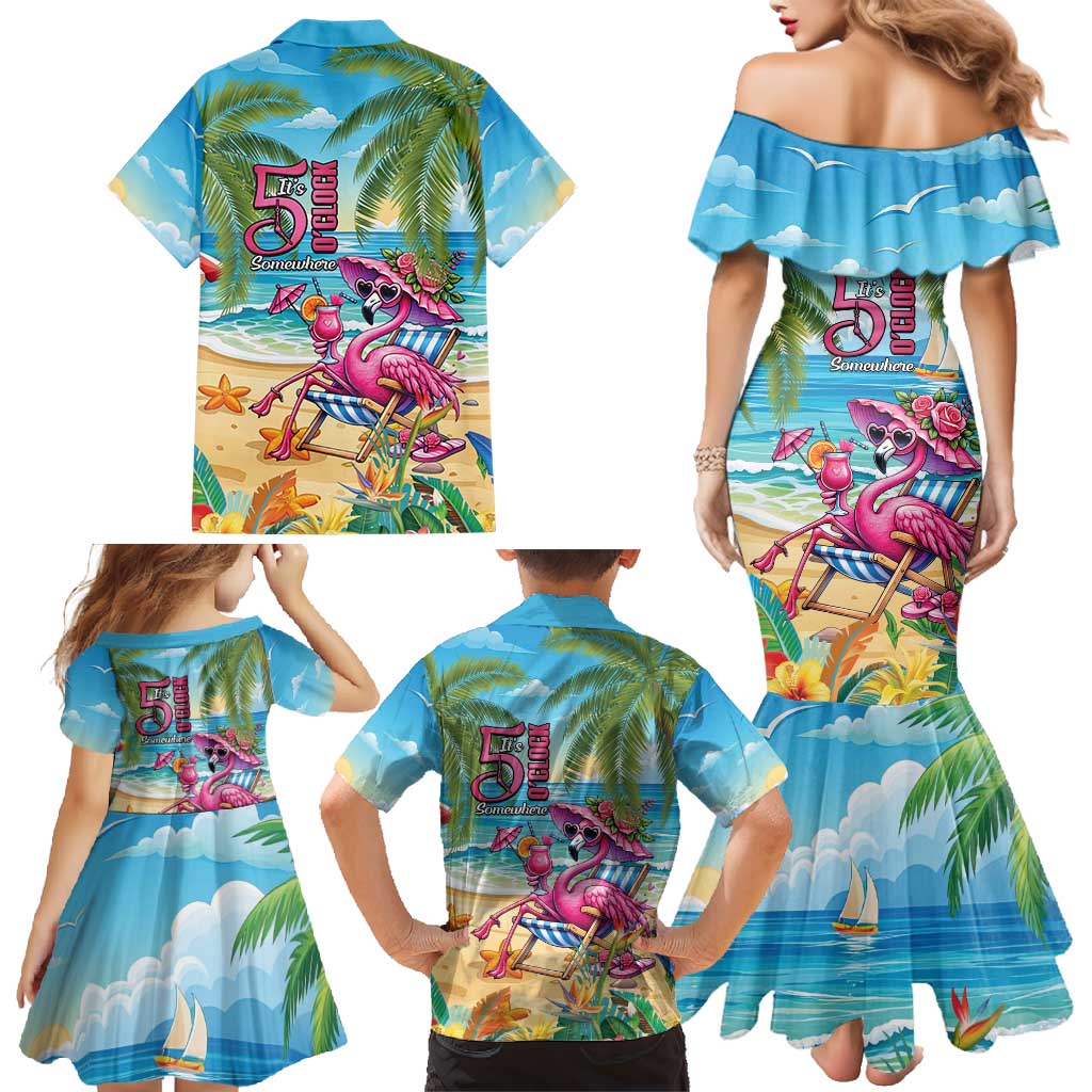 Flamingo Aloha Hawaii Family Matching Mermaid Dress and Hawaiian Shirt It's 5 OClock Somewhere Tropical Vibes LT14 - Polynesian Pride