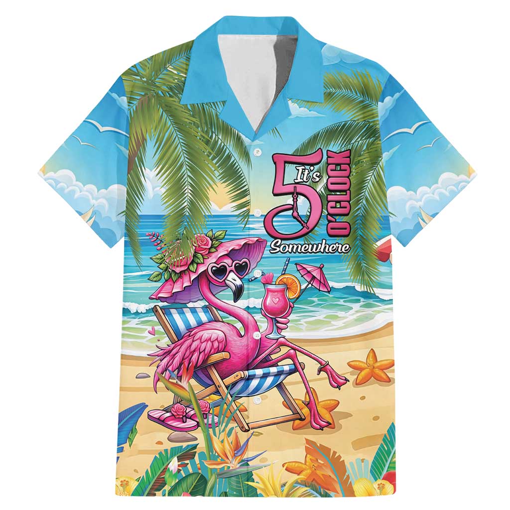Flamingo Aloha Hawaii Family Matching Mermaid Dress and Hawaiian Shirt It's 5 OClock Somewhere Tropical Vibes LT14 Dad's Shirt - Short Sleeve Blue - Polynesian Pride