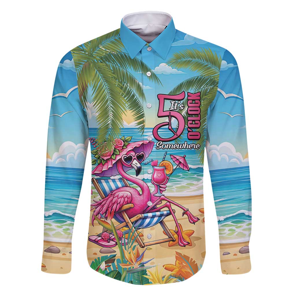 Flamingo Aloha Hawaii Family Matching Mermaid Dress and Hawaiian Shirt It's 5 OClock Somewhere Tropical Vibes LT14 Dad's Shirt - Long Sleeve Blue - Polynesian Pride
