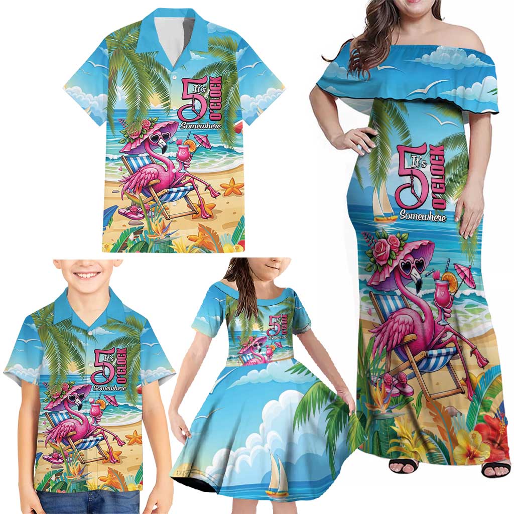 Flamingo Aloha Hawaii Family Matching Off Shoulder Maxi Dress and Hawaiian Shirt It's 5 O’Clock Somewhere Tropical Vibes - Polynesian Pride