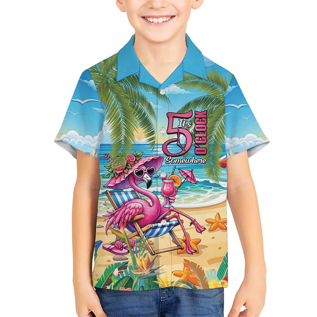 Flamingo Aloha Hawaii Family Matching Short Sleeve Bodycon Dress and Hawaiian Shirt It's 5 OClock Somewhere Tropical Vibes LT14 Son's Shirt Blue - Polynesian Pride