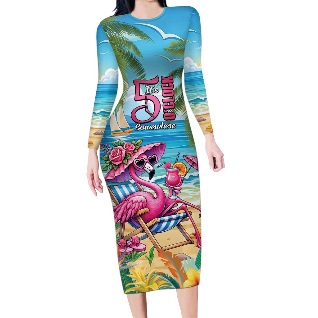 Flamingo Aloha Hawaii Long Sleeve Bodycon Dress It's 5 O’Clock Somewhere Tropical Vibes - Polynesian Pride