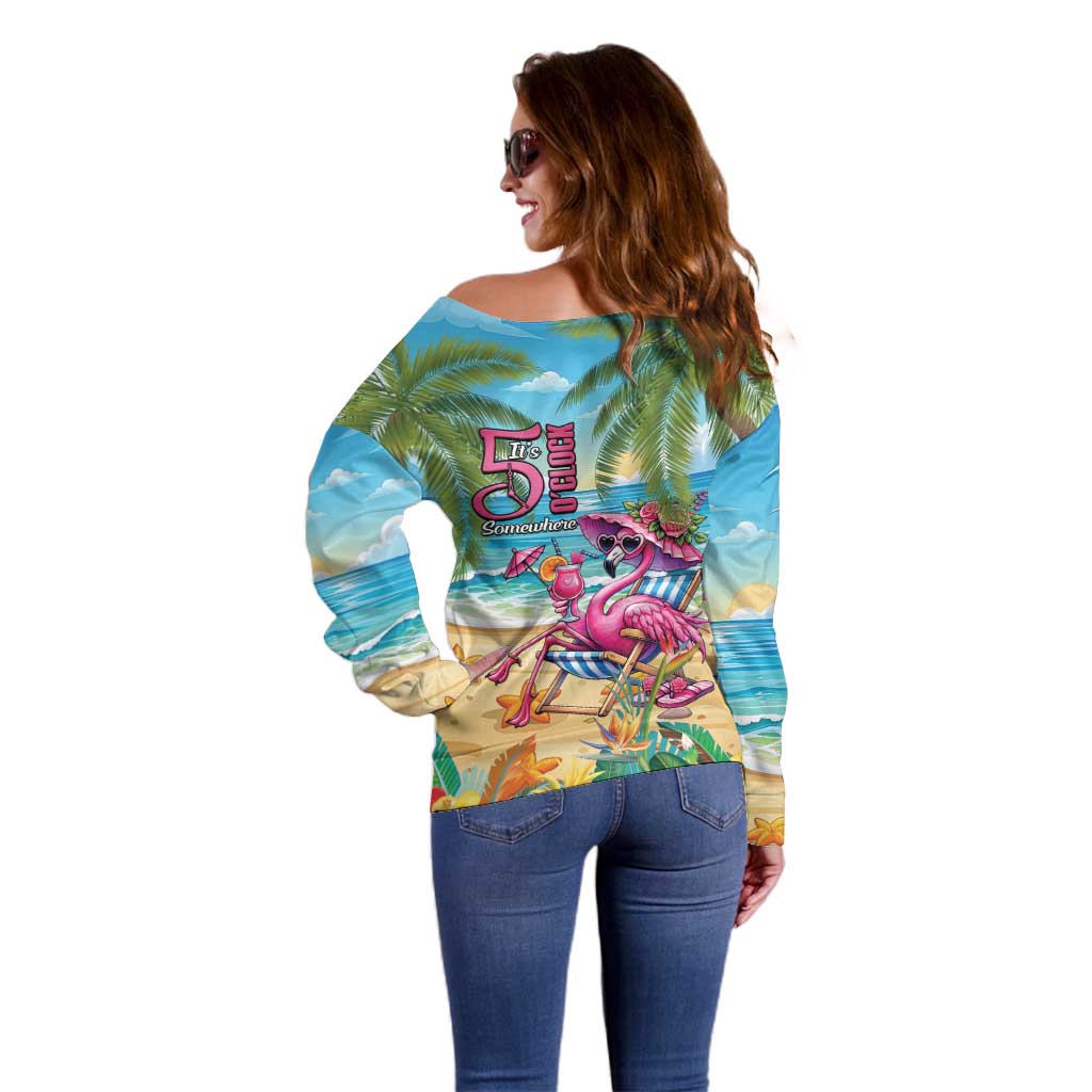 Flamingo Aloha Hawaii Off Shoulder Sweater It's 5 O’Clock Somewhere Tropical Vibes - Polynesian Pride