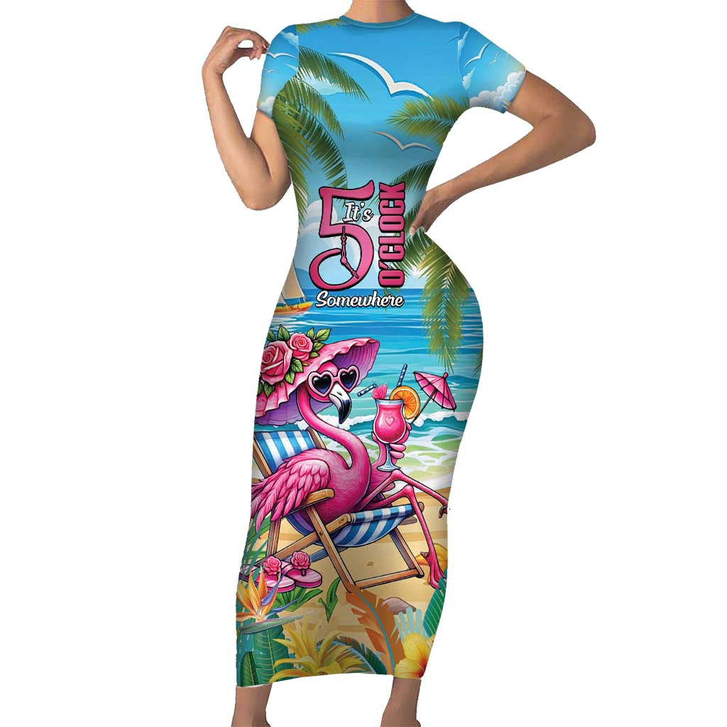 Flamingo Aloha Hawaii Short Sleeve Bodycon Dress It's 5 O’Clock Somewhere Tropical Vibes - Polynesian Pride