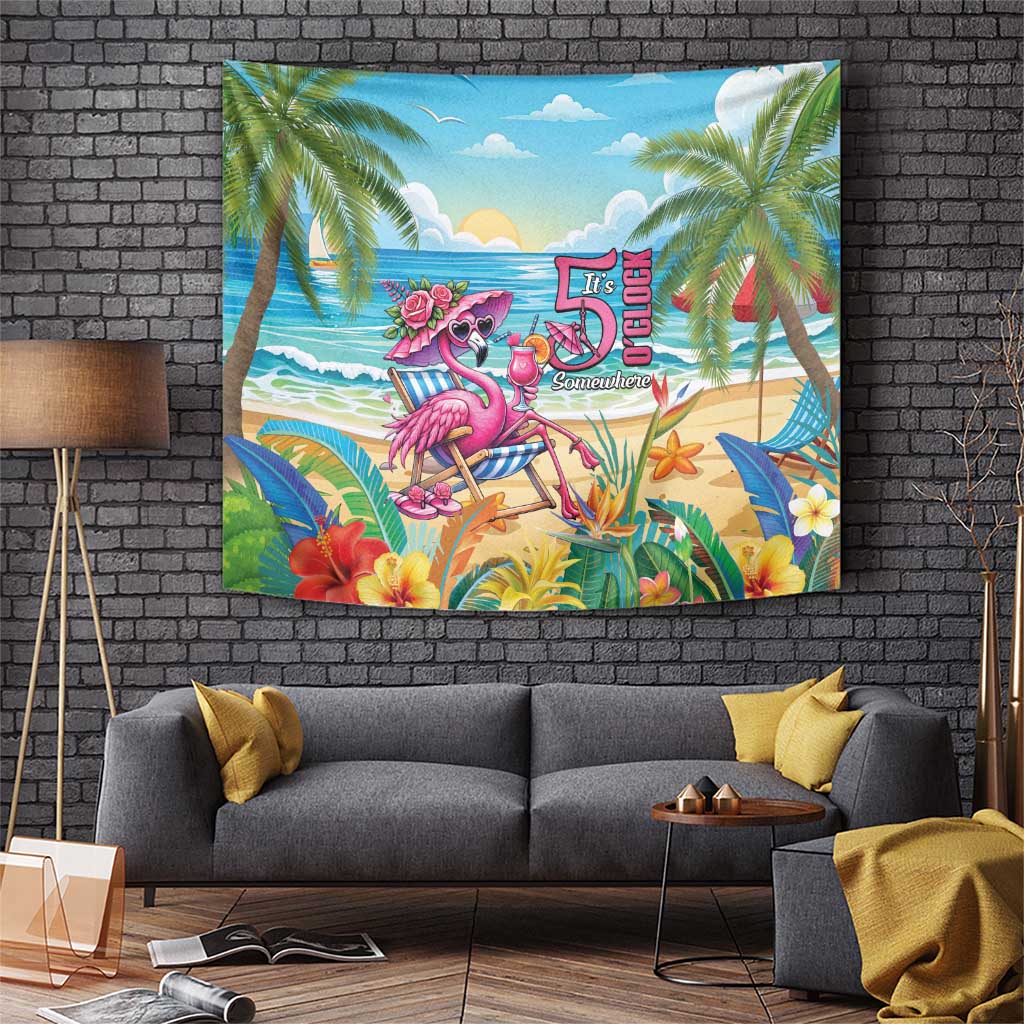 Flamingo Aloha Hawaii Tapestry It's 5 O’Clock Somewhere Tropical Vibes - Polynesian Pride