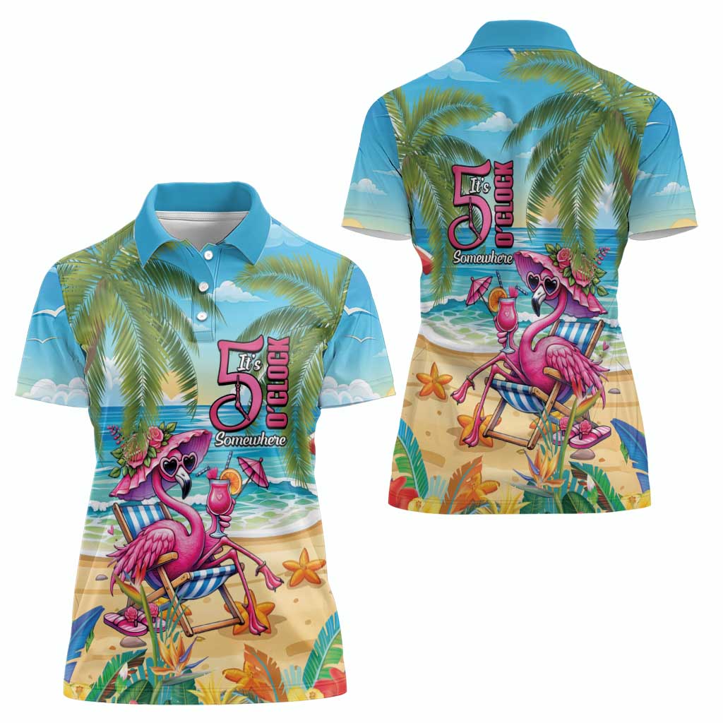 Flamingo Aloha Hawaii Women Polo Shirt It's 5 O’Clock Somewhere Tropical Vibes - Polynesian Pride