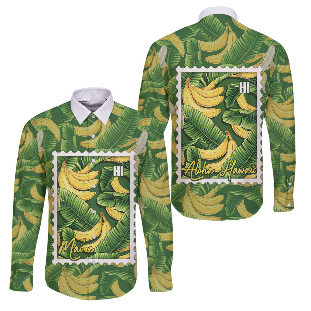 Aloha Hawaii Maia Family Matching Long Sleeve Bodycon Dress and Hawaiian Shirt Hawaiian Banana Stylized Stamp LT14 Dad's Shirt - Long Sleeve Green - Polynesian Pride