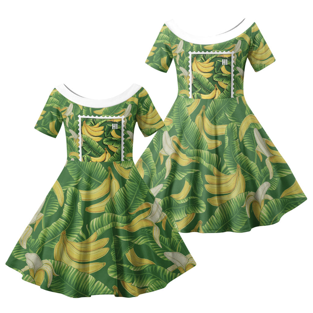 Aloha Hawaii Maia Family Matching Off Shoulder Short Dress and Hawaiian Shirt Hawaiian Banana Stylized Stamp LT14 Daughter's Dress Green - Polynesian Pride