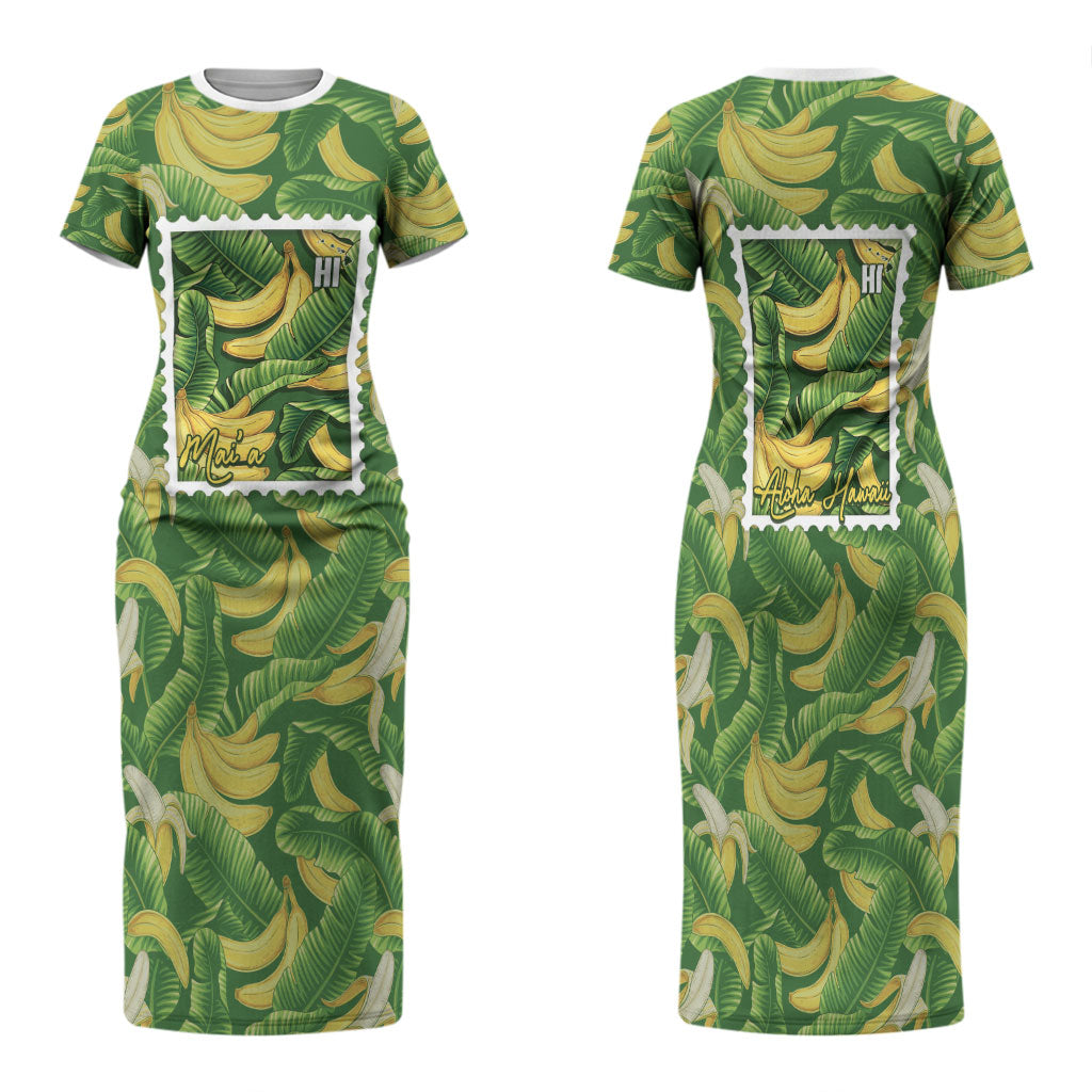 Aloha Hawaii Maia Family Matching Short Sleeve Bodycon Dress and Hawaiian Shirt Hawaiian Banana Stylized Stamp LT14 Mom's Dress Green - Polynesian Pride