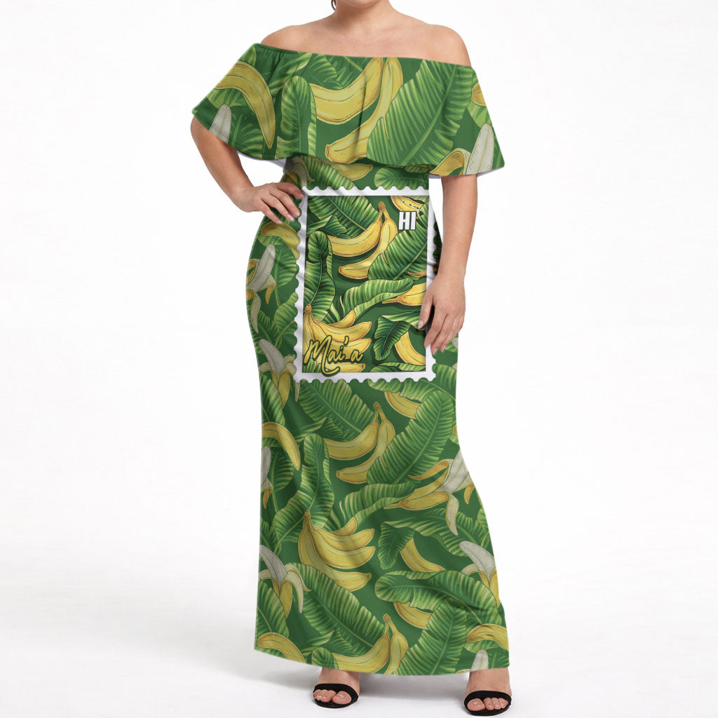 Aloha Hawaii Maia Off Shoulder Maxi Dress Hawaiian Banana Stylized Stamp