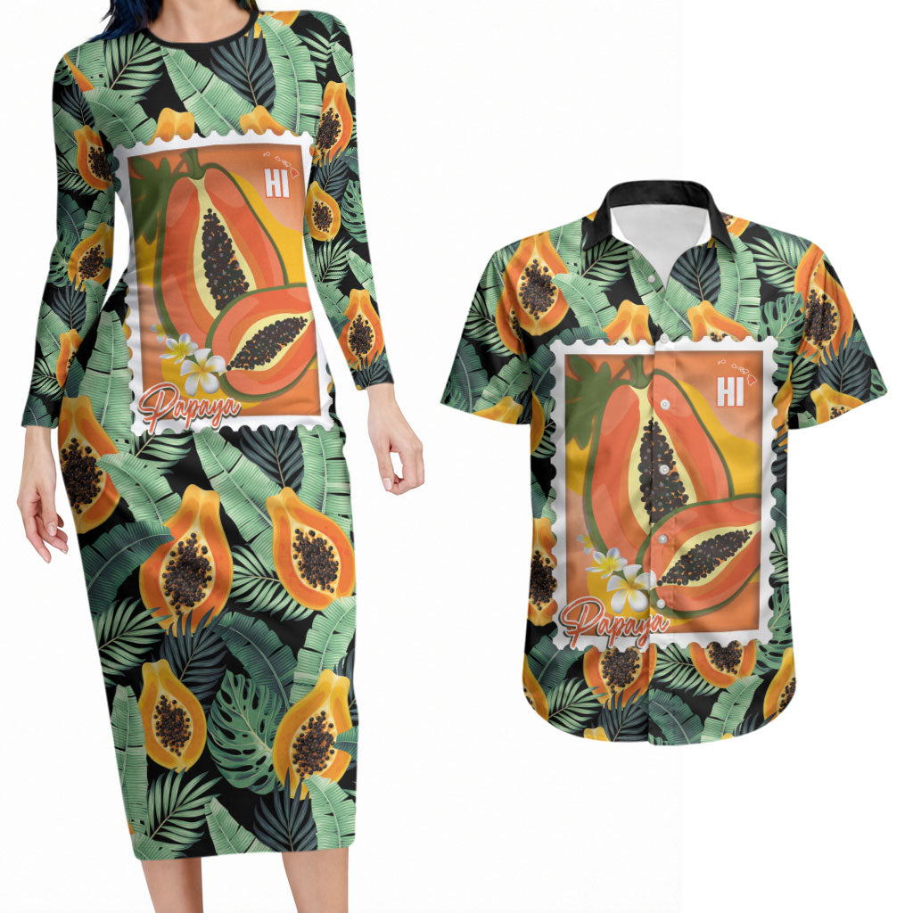 Aloha Hawaii Mikana Couples Matching Long Sleeve Bodycon Dress and Hawaiian Shirt Hawaiian Papaya Stylized Stamp