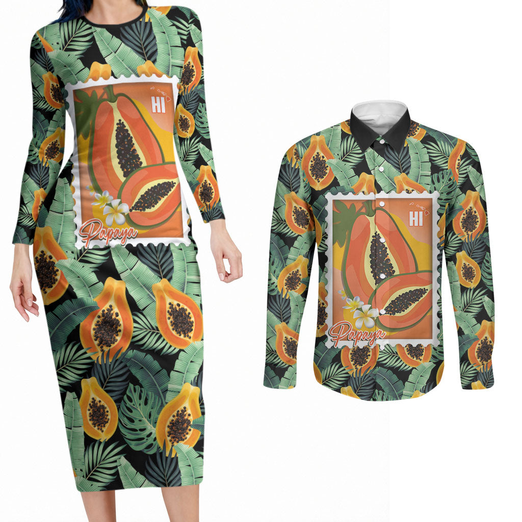 Aloha Hawaii Mikana Couples Matching Long Sleeve Bodycon Dress and Long Sleeve Button Shirt Hawaiian Papaya Stylized Stamp
