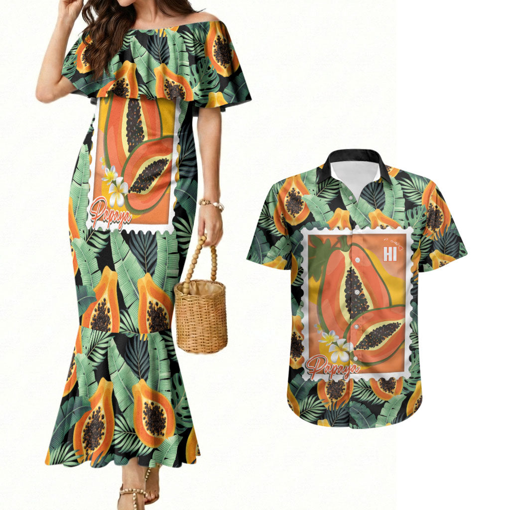 Aloha Hawaii Mikana Couples Matching Mermaid Dress and Hawaiian Shirt Hawaiian Papaya Stylized Stamp