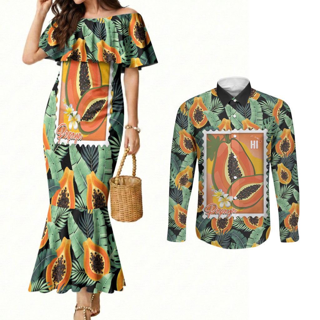 Aloha Hawaii Mikana Couples Matching Mermaid Dress and Long Sleeve Button Shirt Hawaiian Papaya Stylized Stamp