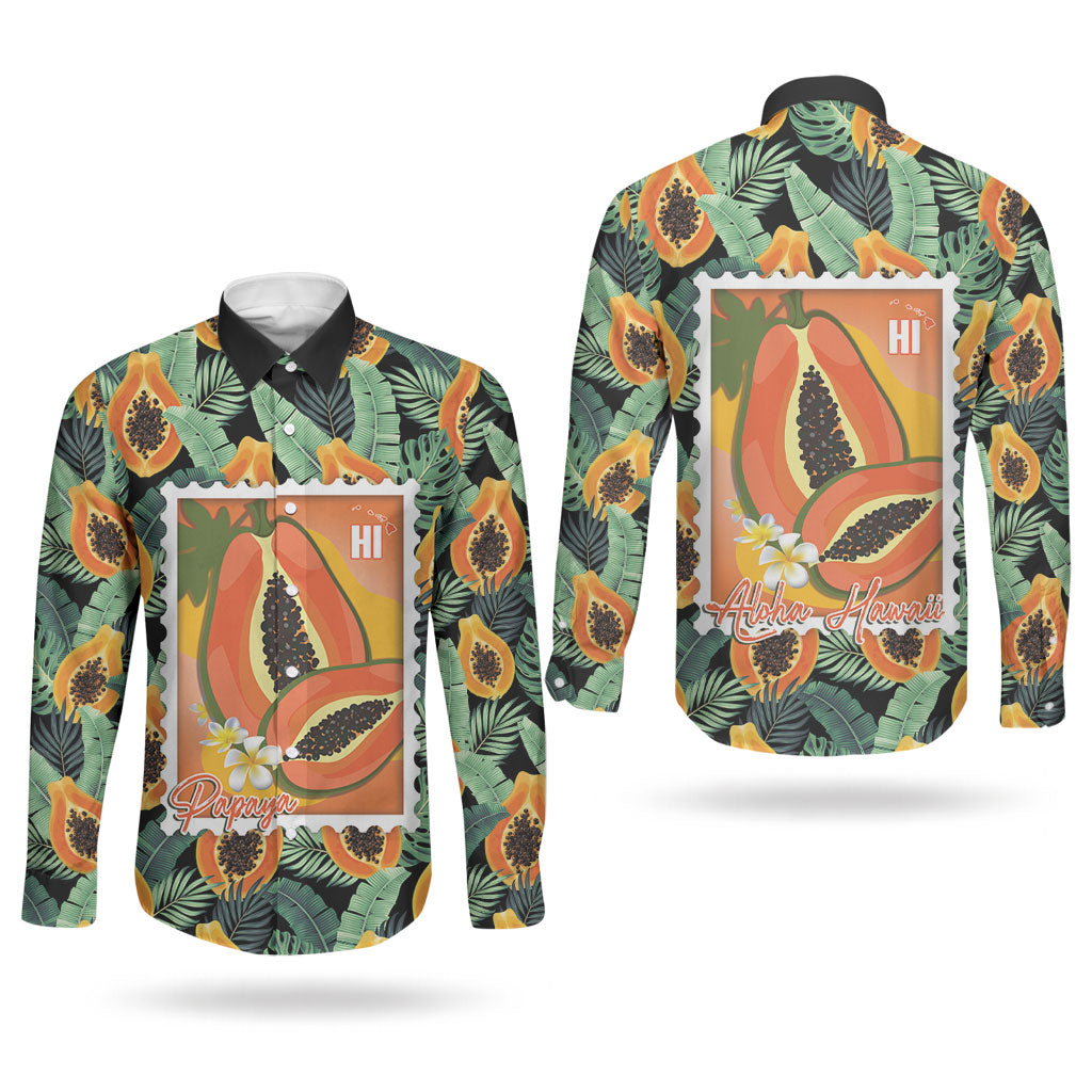 Aloha Hawaii Mikana Couples Matching Off Shoulder Maxi Dress and Long Sleeve Button Shirt Hawaiian Papaya Stylized Stamp LT14 - Polynesian Pride