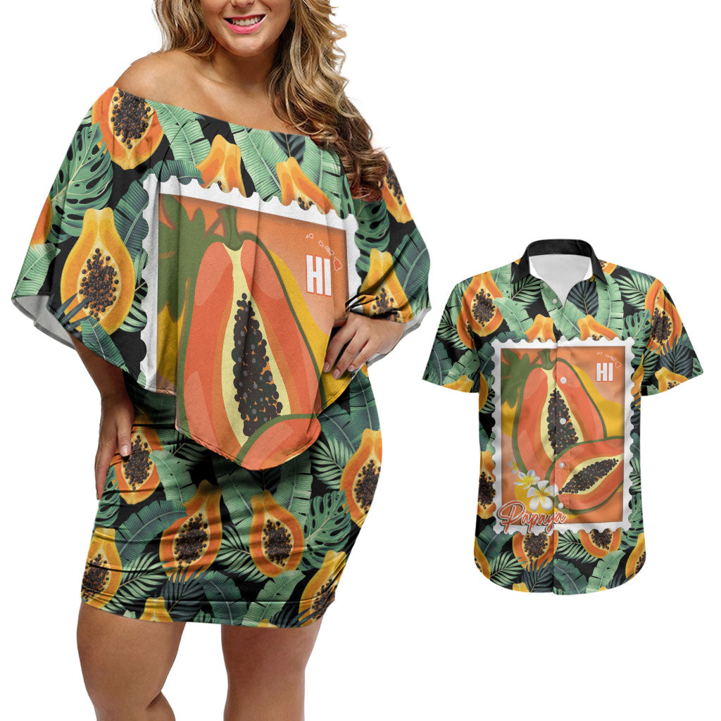 Aloha Hawaii Mikana Couples Matching Off Shoulder Short Dress and Hawaiian Shirt Hawaiian Papaya Stylized Stamp