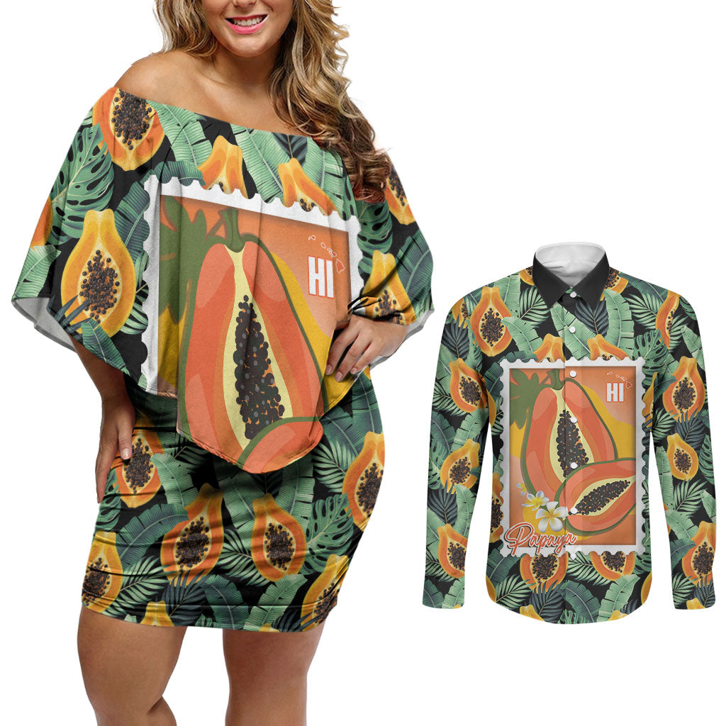 Aloha Hawaii Mikana Couples Matching Off Shoulder Short Dress and Long Sleeve Button Shirt Hawaiian Papaya Stylized Stamp