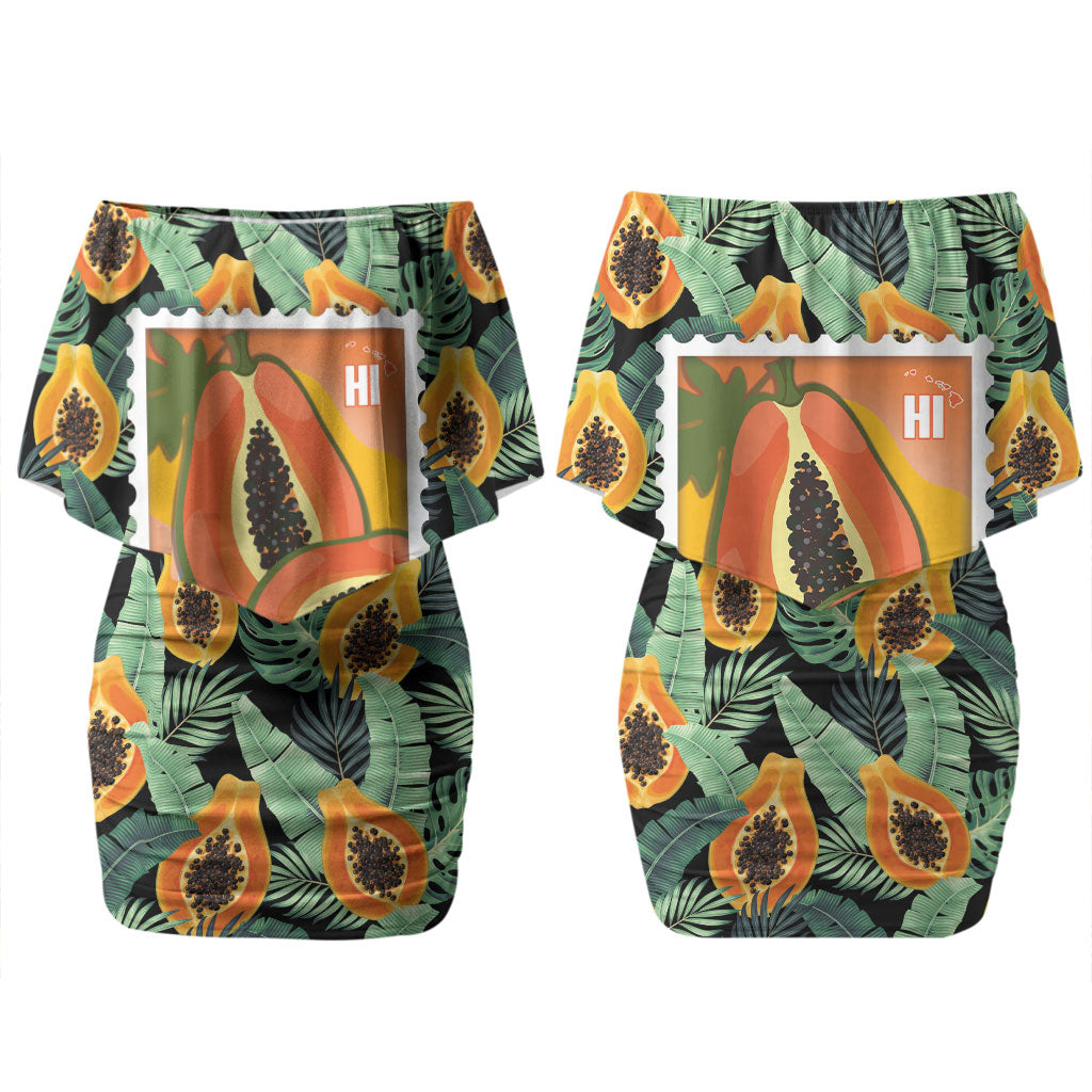 Aloha Hawaii Mikana Couples Matching Off Shoulder Short Dress and Long Sleeve Button Shirt Hawaiian Papaya Stylized Stamp LT14 - Polynesian Pride
