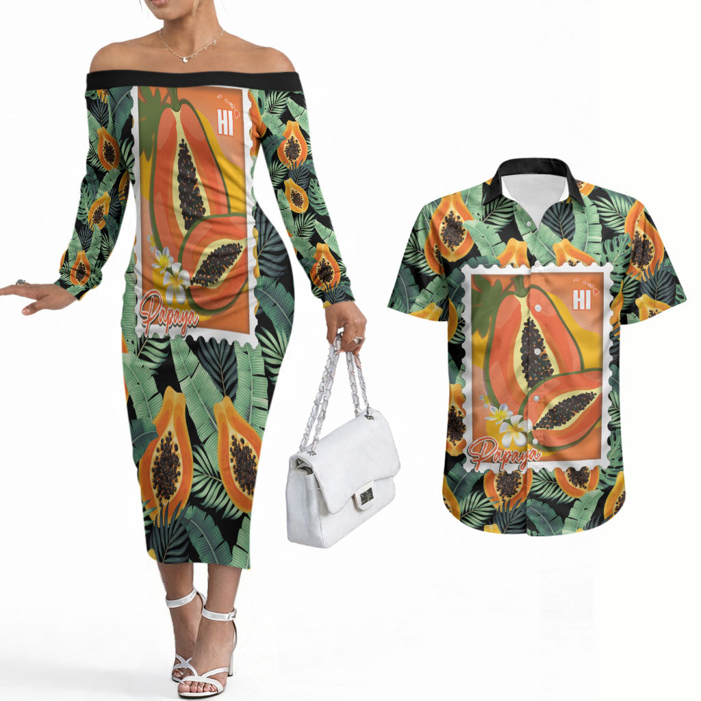 Aloha Hawaii Mikana Couples Matching Off The Shoulder Long Sleeve Dress and Hawaiian Shirt Hawaiian Papaya Stylized Stamp