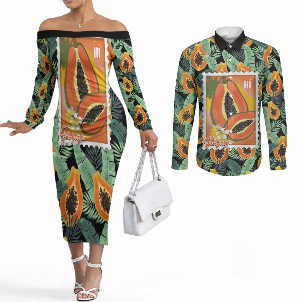 Aloha Hawaii Mikana Couples Matching Off The Shoulder Long Sleeve Dress and Long Sleeve Button Shirt Hawaiian Papaya Stylized Stamp