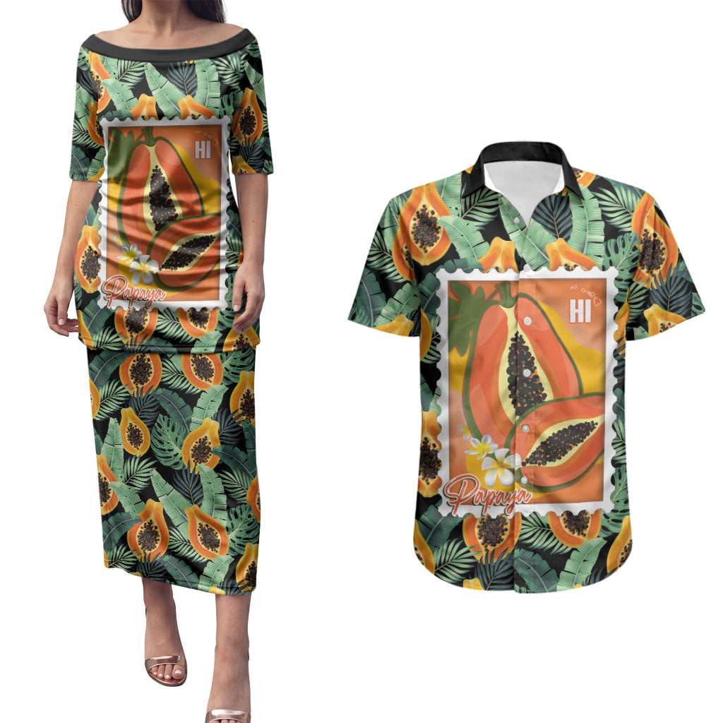 Aloha Hawaii Mikana Couples Matching Puletasi and Hawaiian Shirt Hawaiian Papaya Stylized Stamp
