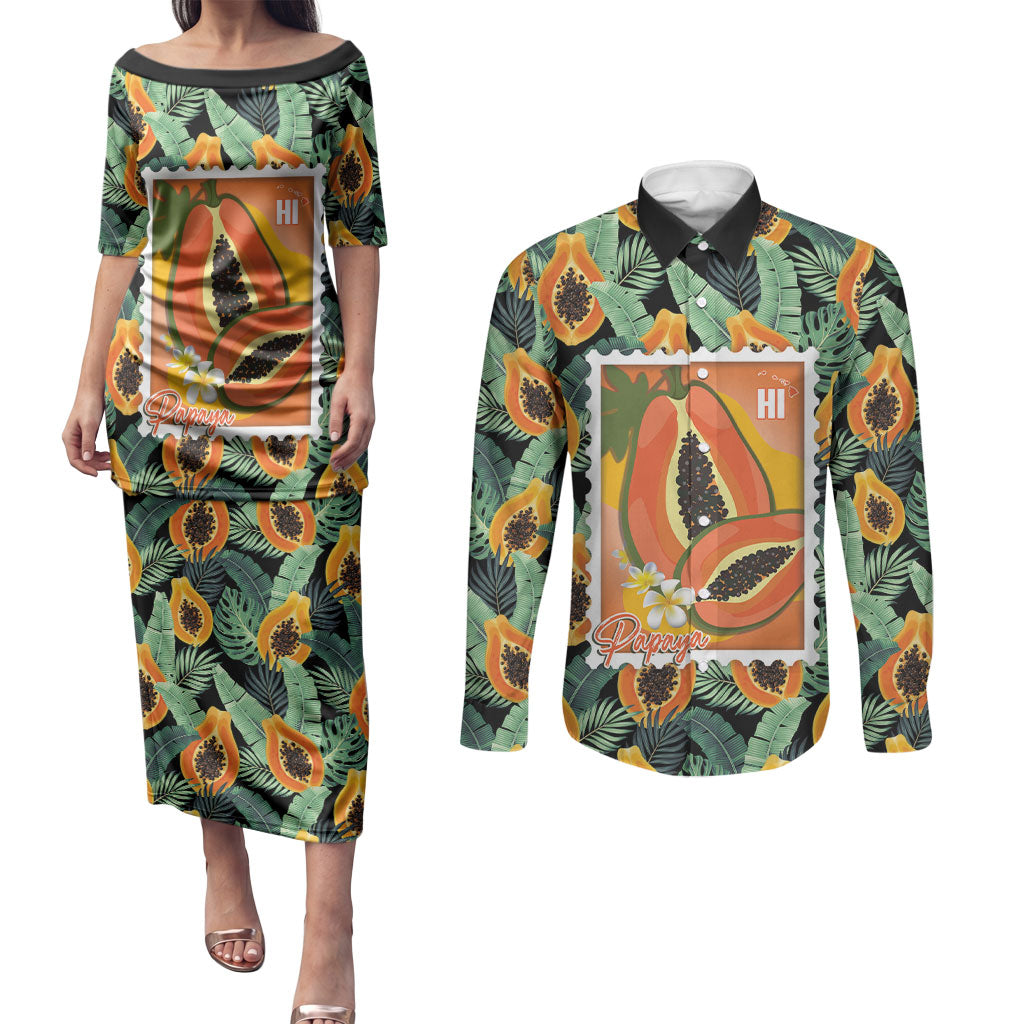 Aloha Hawaii Mikana Couples Matching Puletasi and Long Sleeve Button Shirt Hawaiian Papaya Stylized Stamp