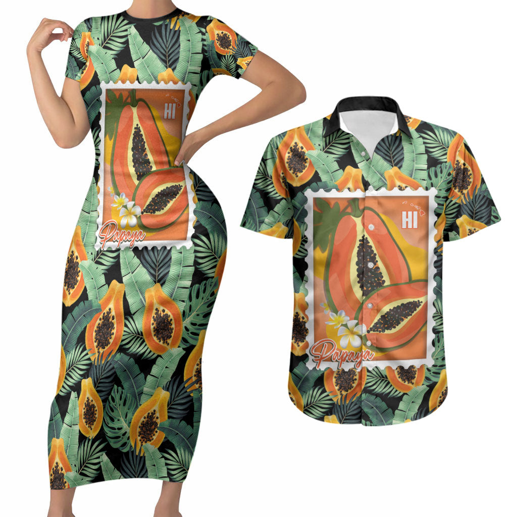Aloha Hawaii Mikana Couples Matching Short Sleeve Bodycon Dress and Hawaiian Shirt Hawaiian Papaya Stylized Stamp