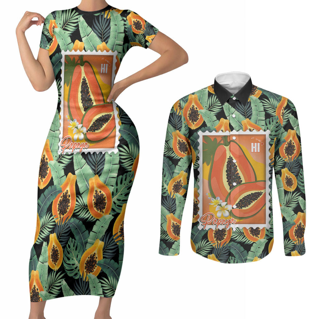 Aloha Hawaii Mikana Couples Matching Short Sleeve Bodycon Dress and Long Sleeve Button Shirt Hawaiian Papaya Stylized Stamp