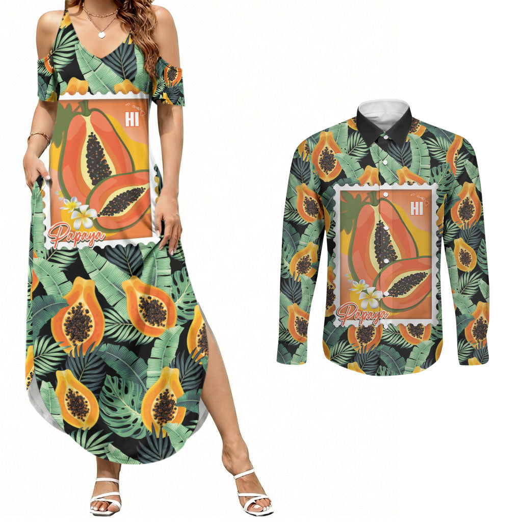 Aloha Hawaii Mikana Couples Matching Summer Maxi Dress and Long Sleeve Button Shirt Hawaiian Papaya Stylized Stamp