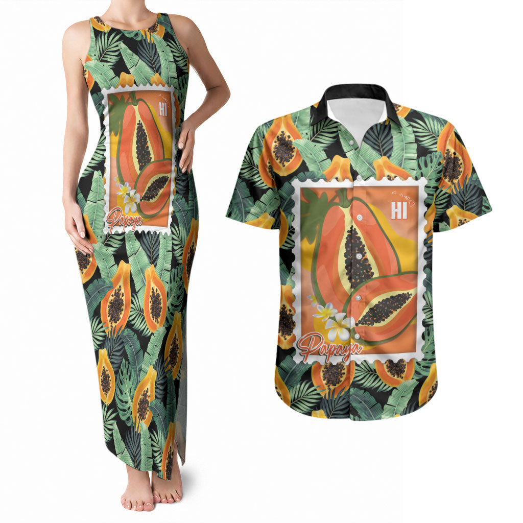 Aloha Hawaii Mikana Couples Matching Tank Maxi Dress and Hawaiian Shirt Hawaiian Papaya Stylized Stamp