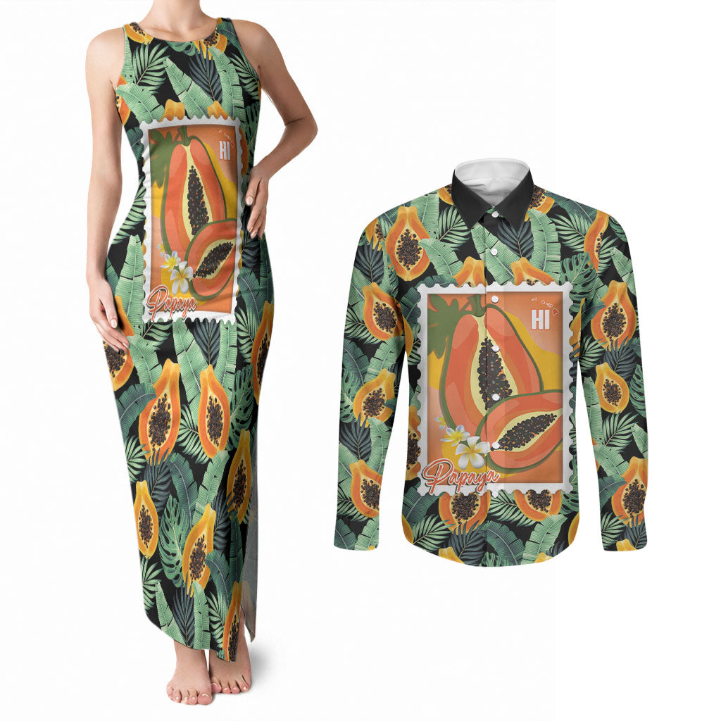 Aloha Hawaii Mikana Couples Matching Tank Maxi Dress and Long Sleeve Button Shirt Hawaiian Papaya Stylized Stamp