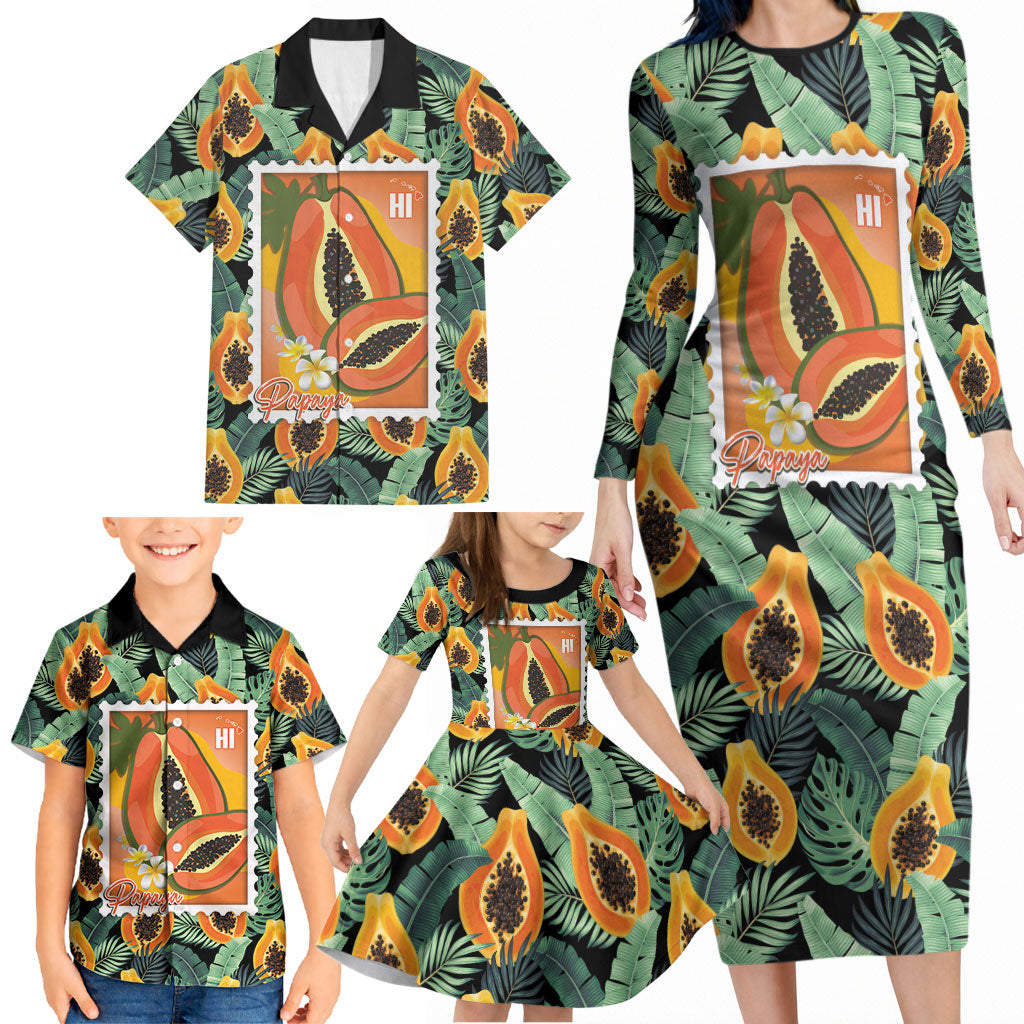 Aloha Hawaii Mikana Family Matching Long Sleeve Bodycon Dress and Hawaiian Shirt Hawaiian Papaya Stylized Stamp