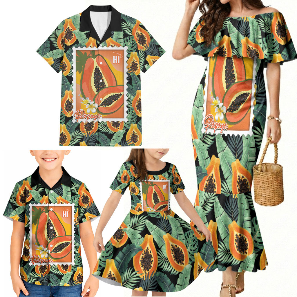 Aloha Hawaii Mikana Family Matching Mermaid Dress and Hawaiian Shirt Hawaiian Papaya Stylized Stamp
