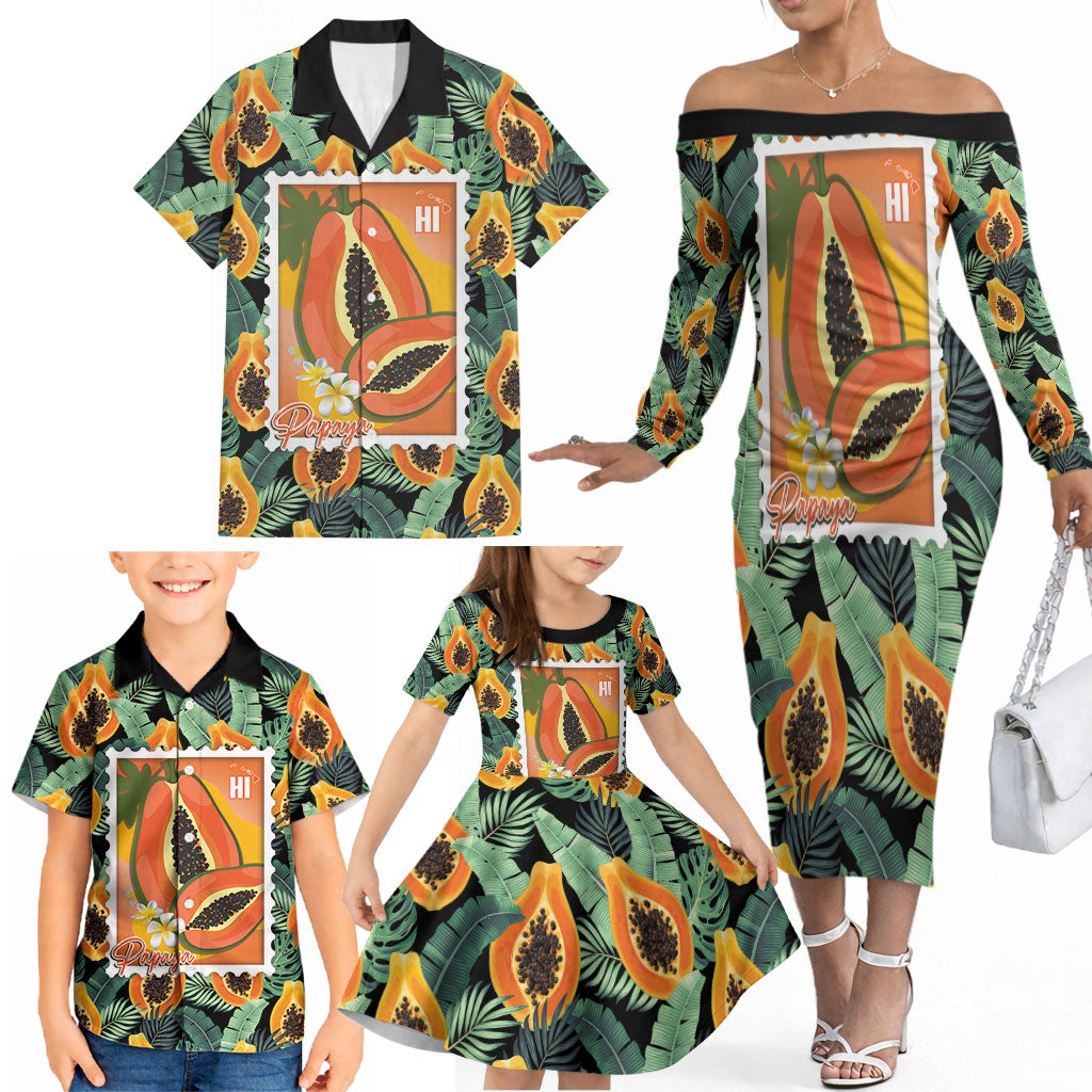 Aloha Hawaii Mikana Family Matching Off The Shoulder Long Sleeve Dress and Hawaiian Shirt Hawaiian Papaya Stylized Stamp