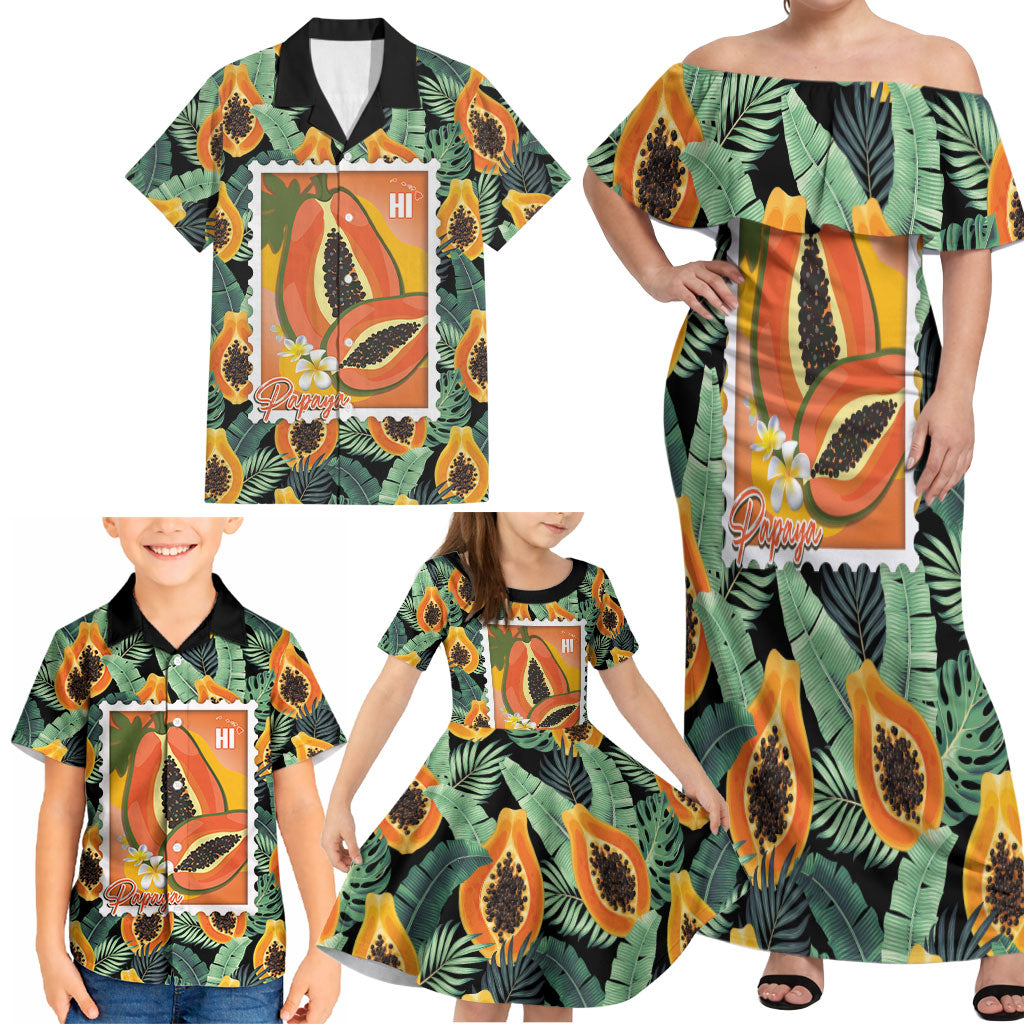 Aloha Hawaii Mikana Family Matching Off Shoulder Maxi Dress and Hawaiian Shirt Hawaiian Papaya Stylized Stamp
